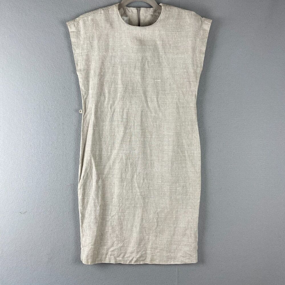 Vintage Linen Sheath Dress Womens Small Beige Monochrome Minimal Career USA Made